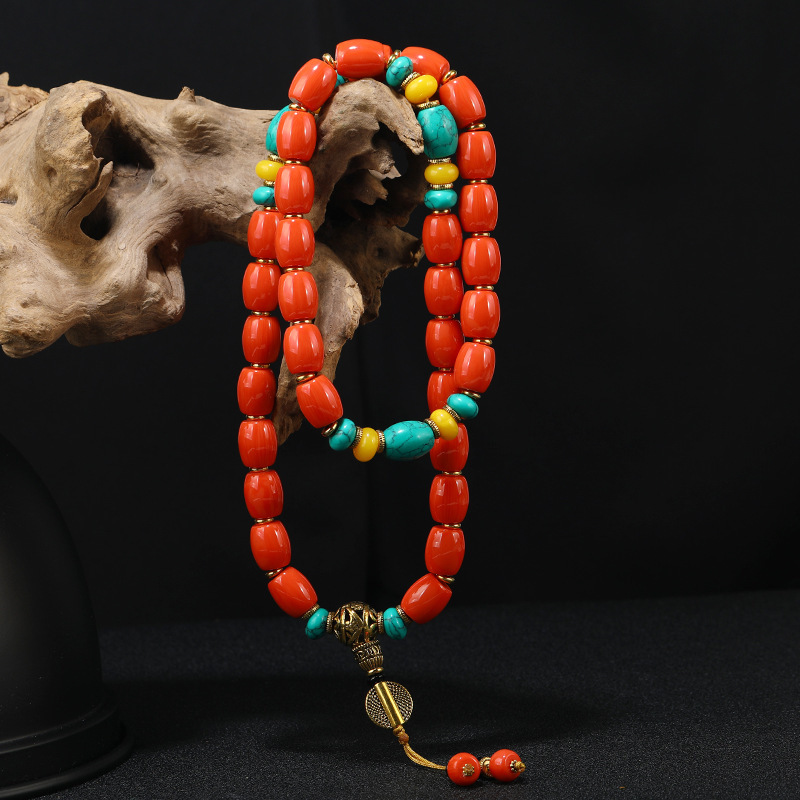 Xizang ethnic style turquoise coral bracelet vintage exotic style bracelet Xizang men and women Wenwan Buddha beads hanging chain
