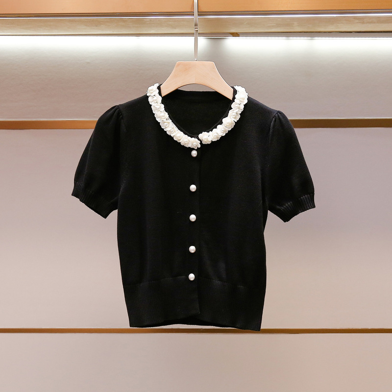 Shenzhen Nanyou High-End Women's Clothing Summer New French Style Elegant Slimming Beaded Lace Short-Sleeve Knit Top Shenzhen Nanyou High-End Women's Clothing Summer New French Style Elegant Slimming Beaded Lace Short-Sleeve Knit Top