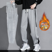 加绒裤子男士冬季潮流宽松束脚卫裤青少年美式条纹运动休闲长裤男