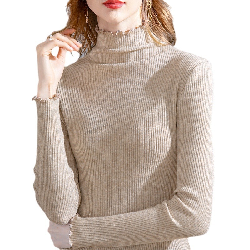 Suéter de cuello alto las mujeres otoño e invierno nuevo color sólido madera oído pit manga larga que basa la camisa pullover Top para image 6