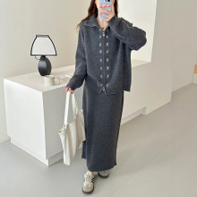 慵懒毛衣拉链开衫套装秋季新款设计感手工钩花针织半身裙两件套女