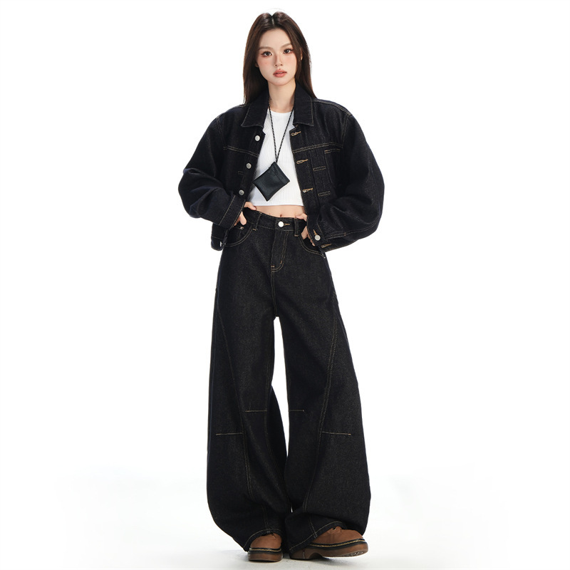 黑金深色翻领纽扣后系带短款牛仔服女早秋新款防褪色复古时尚百搭|undefined