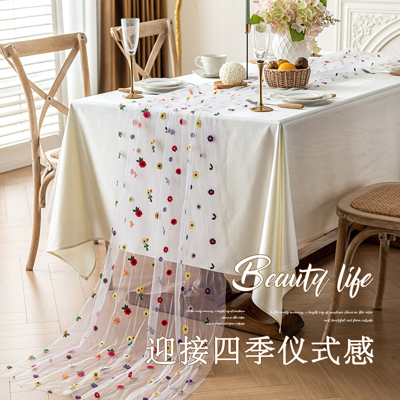 新款韩式婚礼桌布长条装饰氛围感彩色蕾丝布草坪派对餐桌桌旗加长|undefined
