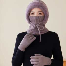 冬季骑车加绒加厚帽子围巾手套三件套女护耳围脖一体防风御寒中年