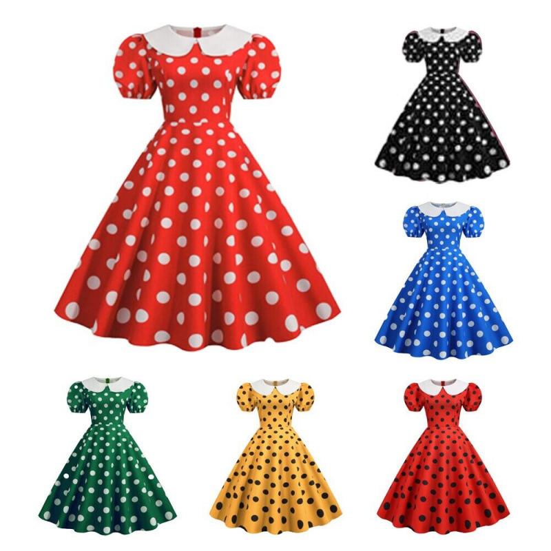 2022 new polo dot short sleeve doll collar fashion printing retro party big dress