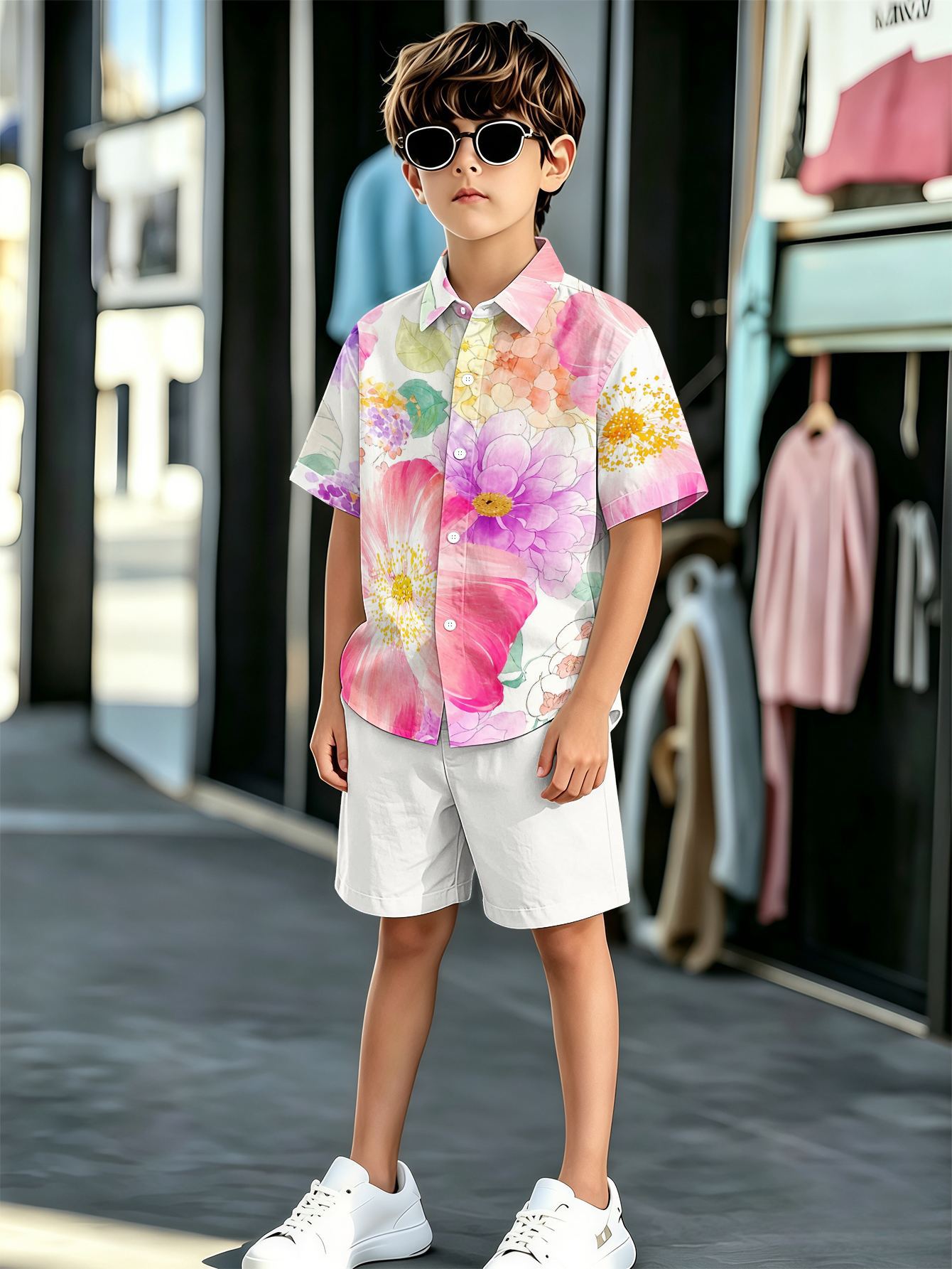 Boys Retro 3d Print Collared Shirt And Shorts Summer Set_voghion.com