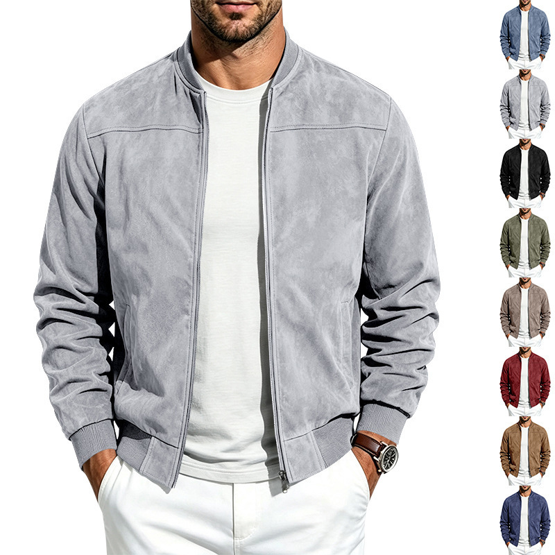 Cross-border European and American men's suede solid color patchwork design casual sports stand-up collar zip-up jacket long-sleeve cardigan Cross-border European and American men's suede solid color patchwork design casual sports stand-up collar zip-up jacket long-sleeve cardigan