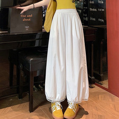 ホワイトアイスシルク中空カジュアルパンツ女性のための 2025 夏ルーズ多用途ワイドレッグパンツ速乾性レース 9 点ブルマ