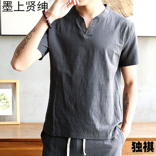 Summer Linen Short-Sleeve Ice Silk T-Shirt for Men, Solid Color, V-Neck, Chinese Style Top, Cotton-Linen Hanfu Inspired Casual Half-Sleeve T-Shirt