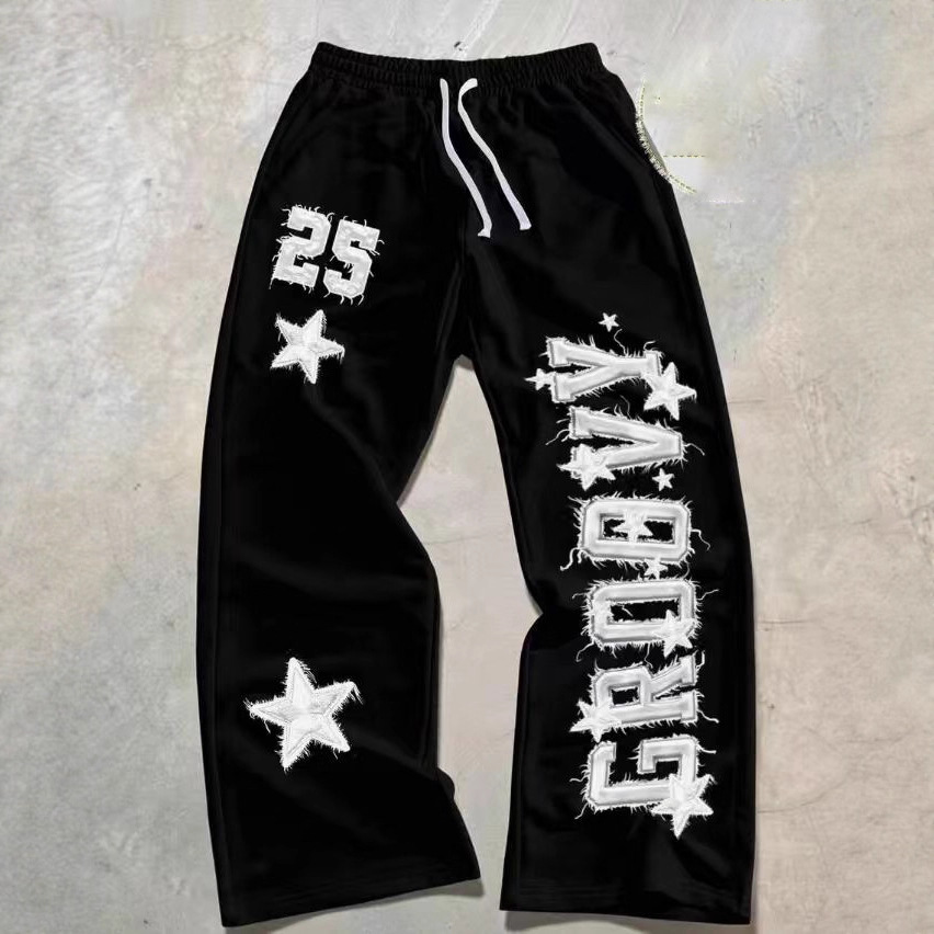 NOKOMETA American Retro Letter Star Printed Sweatpants, Trendy Brand Street Loose Drawstring Straight Sweatpants For Men And Women_voghion.com