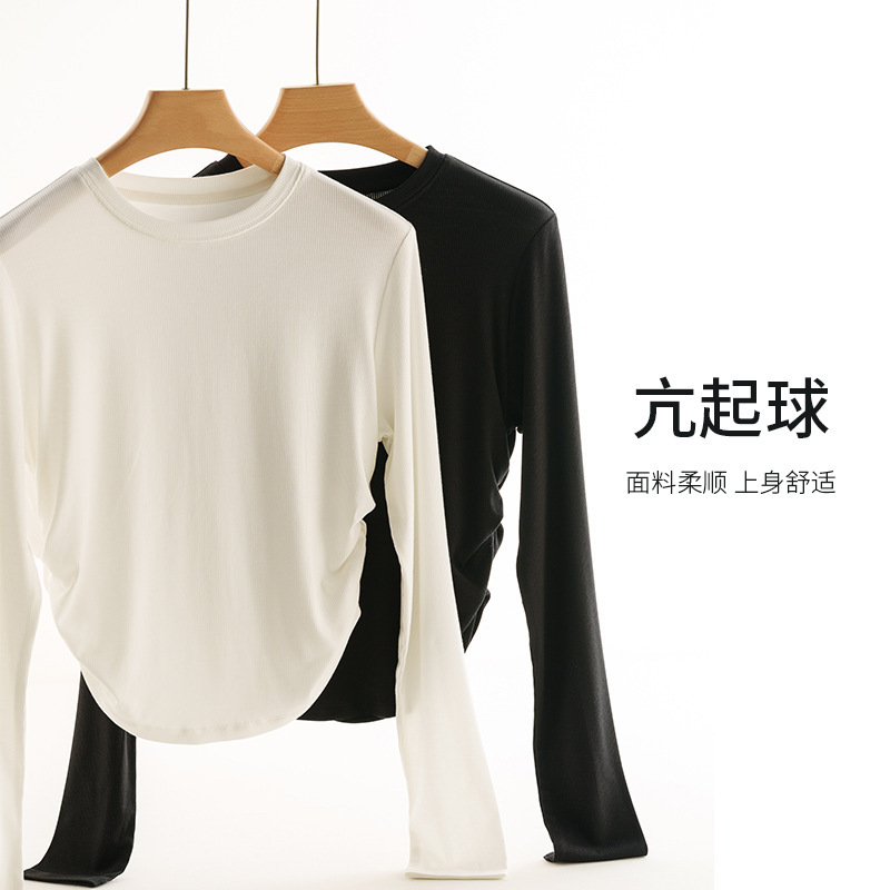 Mulberry Silk Rib Long-sleeved T-shirt Women's Slimming Solid Color Base Shirt Pleated Skin-friendly Thin Top Spring