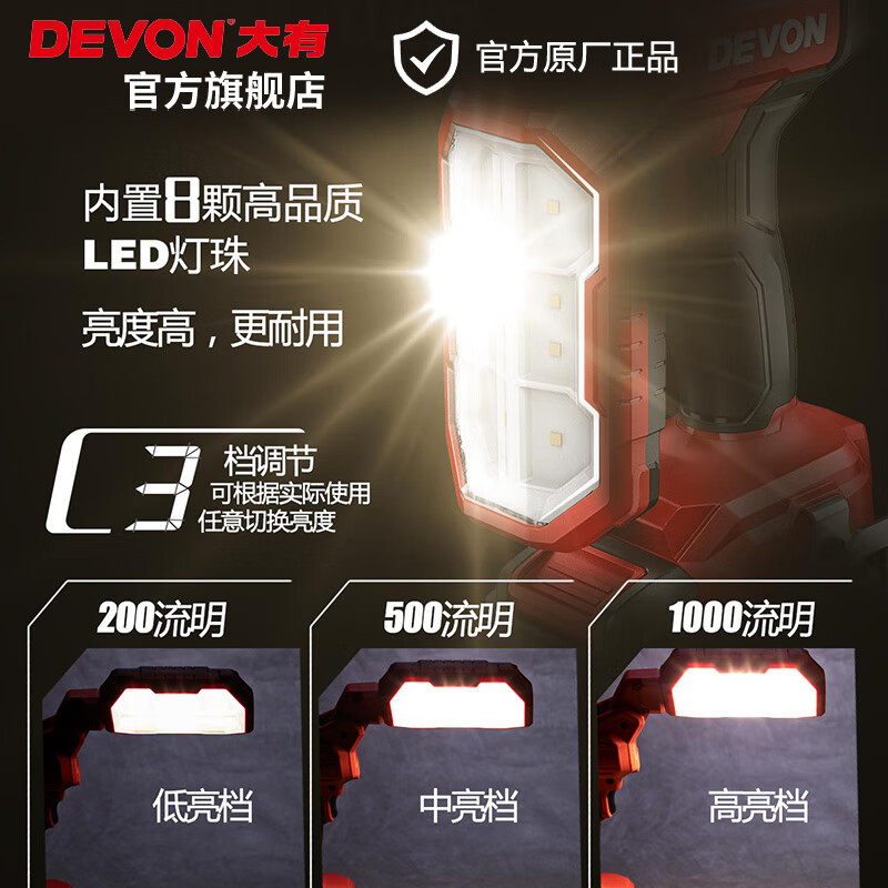 Gran lámpara de litio (Devon) 20V lámpara de mantenimiento plegable 5536 lámpara de iluminación de 1000 lumens de alto nivel