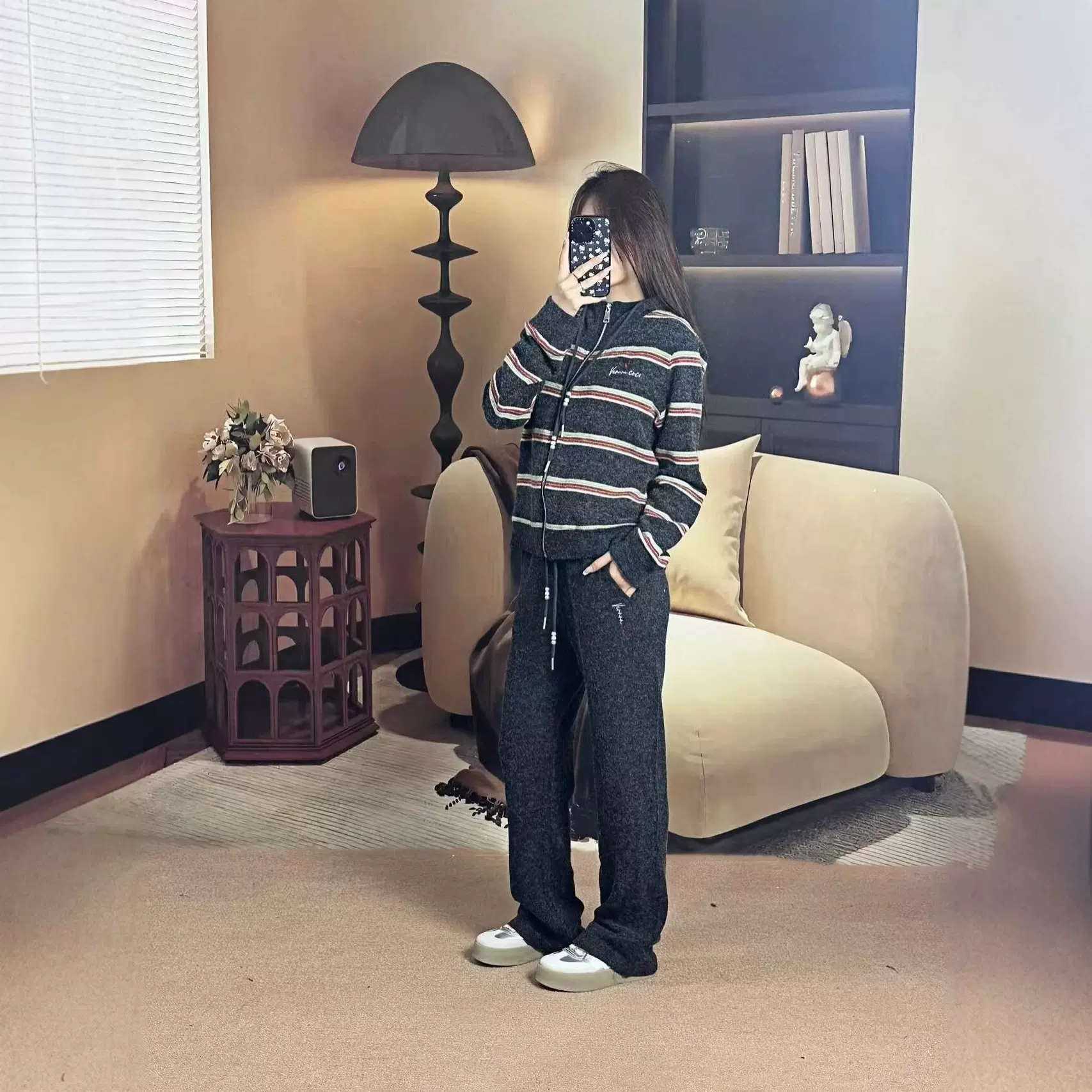 撞色条纹连帽卫衣套装气质秋冬韩版拉链外套阔腿裤女装俩件套定制