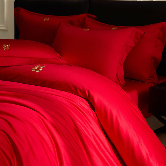 Light luxury high-end red 100S cotton four-piece wedding bedding wedding simple high-end wedding