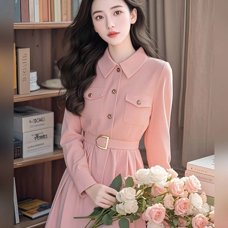 Early autumn casual date dress, French style, elegant for formal occasions, waist-cinching pink long-sleeved dress for women, 2025 new model Early autumn casual date dress, French style, elegant for formal occasions, waist-cinching pink long-sleeved dress for women, 2025 new model