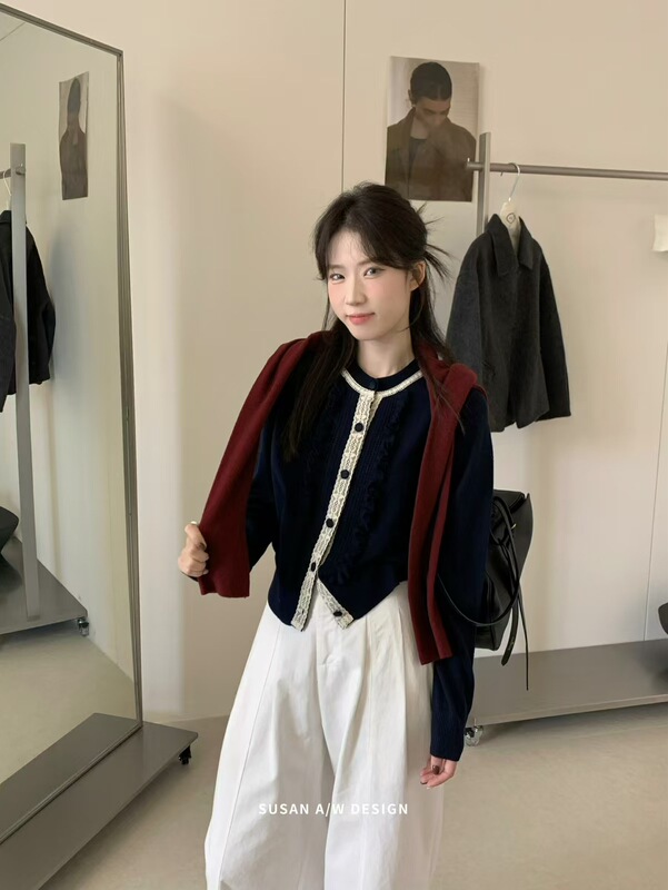 苏珊 2025秋冬木耳边褶皱拼接针织开衫毛衣外套女新款上衣27812|undefined