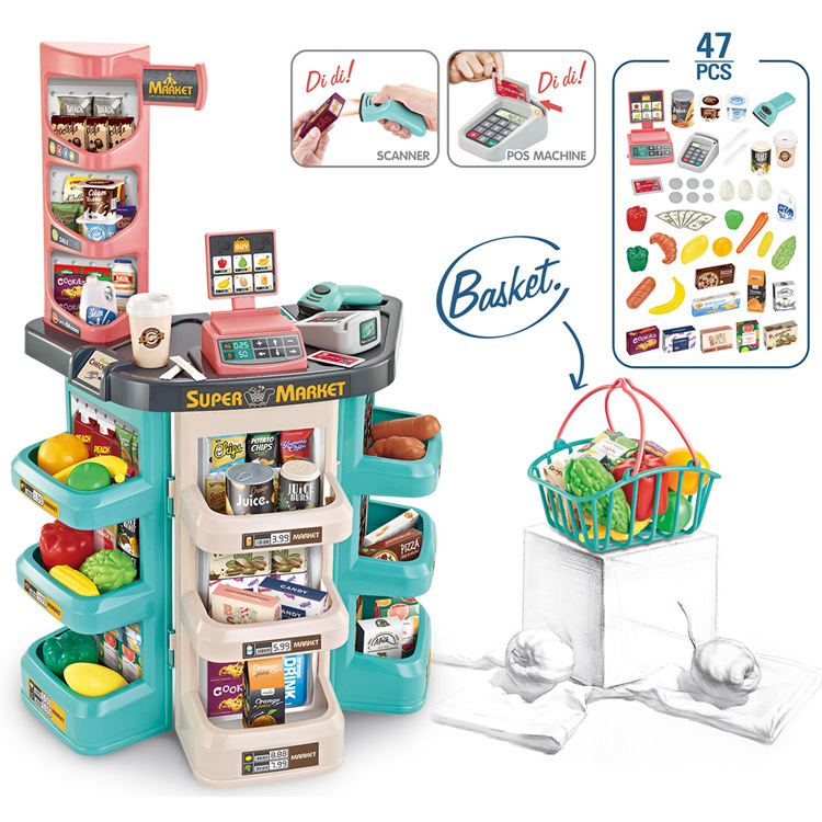 外国貿易児童シミュレーションスーパー販売台ショッピングカートの組み合わせセットはレジのままごとスーパーのおもちゃをスキャンする