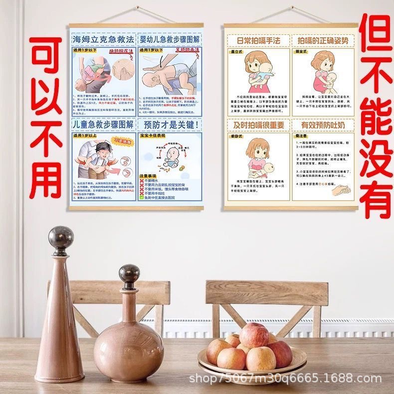 Heimlich maneuver + burp chart / 30*40cm (solid wood hanging scroll + canvas) comes with hook