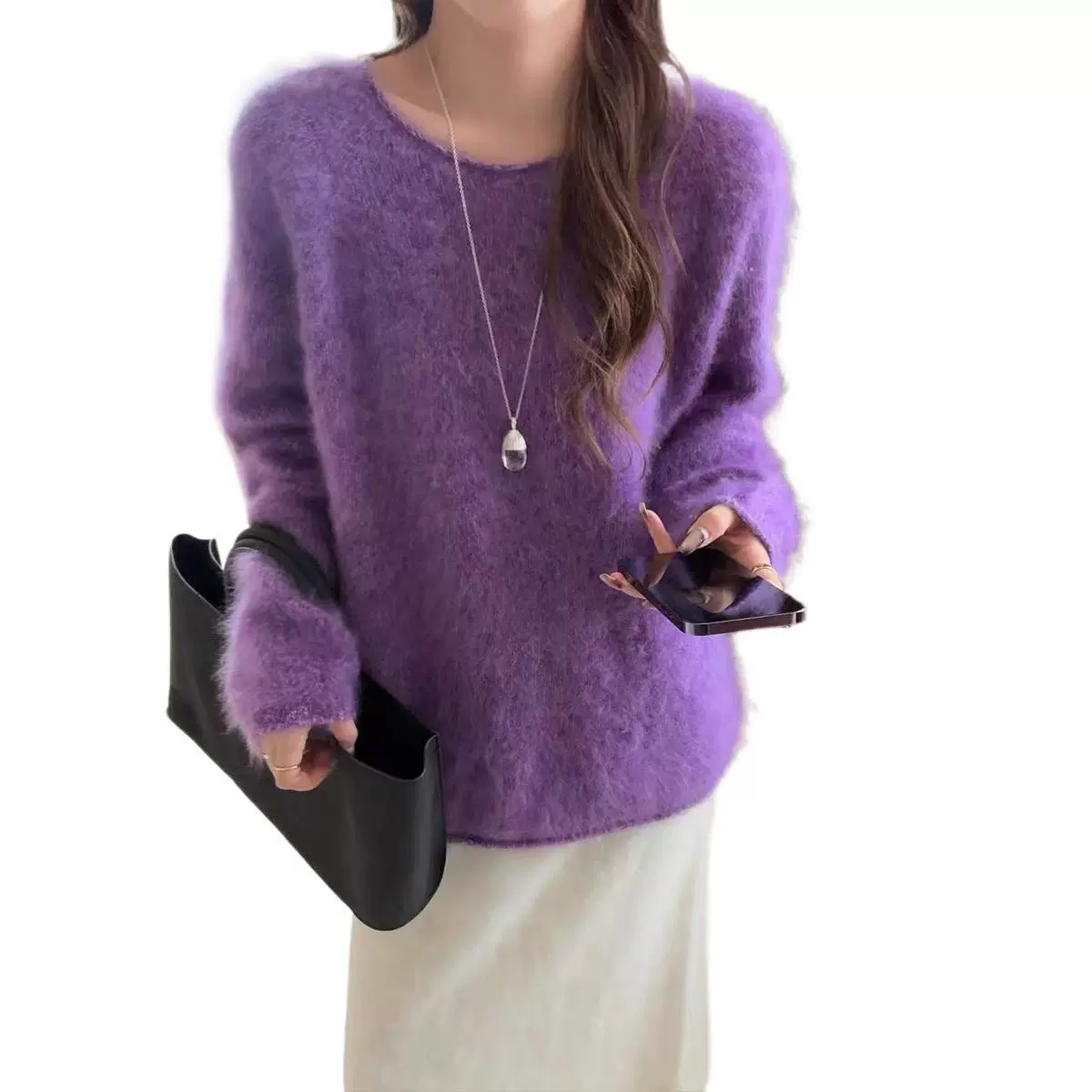 Woolen white purple sweater, loose fit
