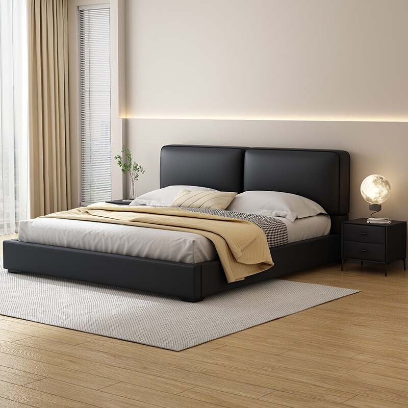 Large Black Leather Italian Minimalist Bed for Master Bedroom, Modern Simple Double Bed, 1.8m Large Tofu Block Bed