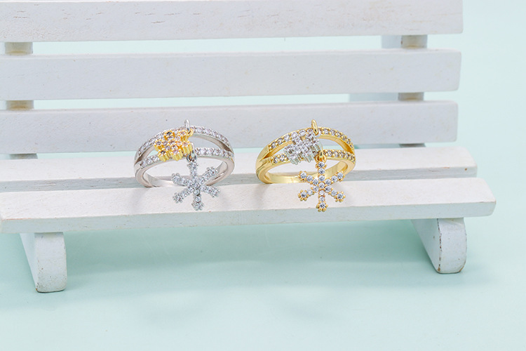Copper Material Geometric Pattern Simple Snowflake Micro-inlaid Zircon Double-layer Hollow Ring