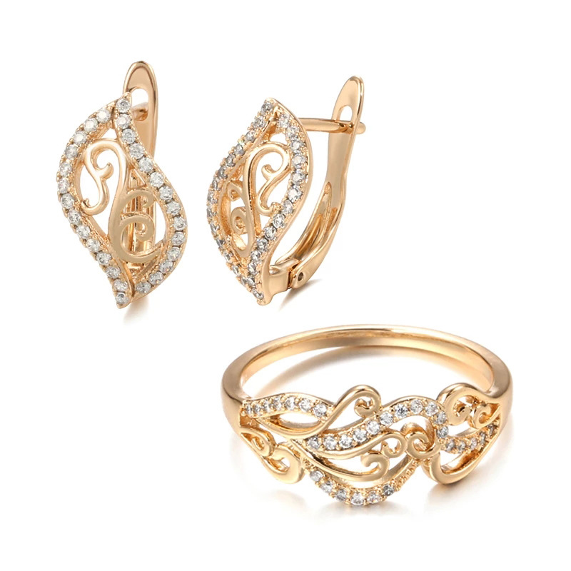 Korean ins Niche Fashion Zircon Earrings Ring Distinctive Simple Hollow Flower Zircon Earrings Ring Set