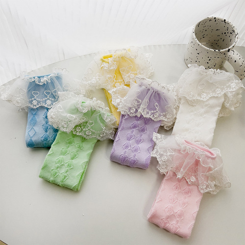 Japanese-style Lolita lace-trimmed children's socks—spring/summer JK-themed heart & diamond-pattern mesh, featuring adorable lace accents—manufacturer-direct wholesale