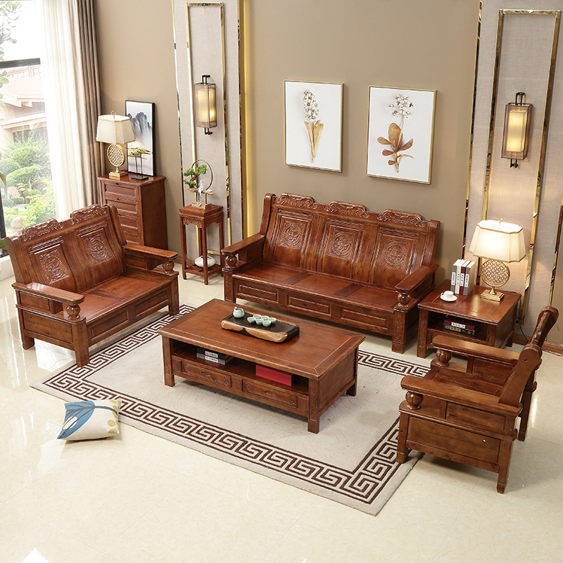 Solid Wood Camphor Wood Sofa Combination Small Apartment Living Room Dual-Purpose All Solid Wood Modern Chinese Sofa Wooden Furniture