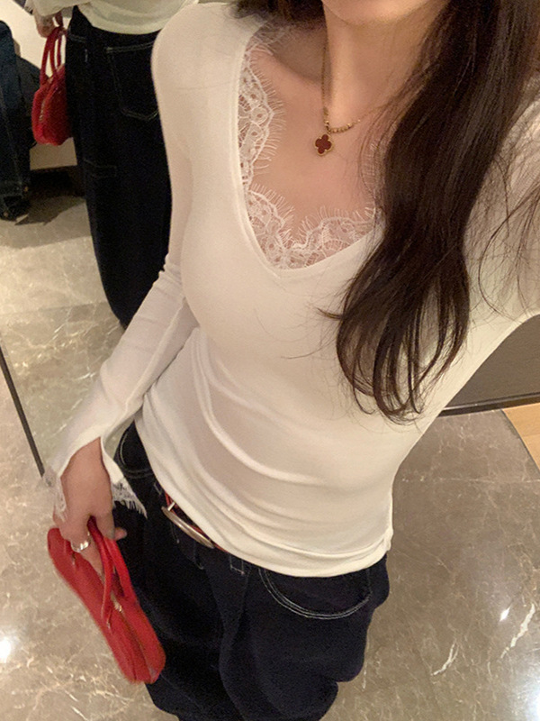 纯欲风蕾丝花边v领显瘦打底衫2025早秋新款叠穿内搭修身长袖T恤女|undefined
