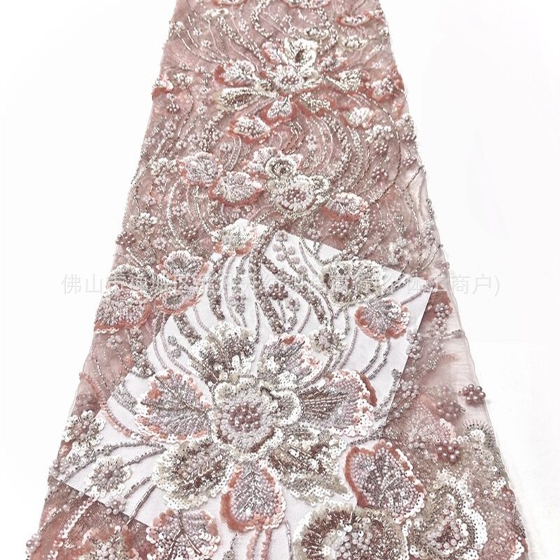 Flores tela de malla de cuentas de clavos de fabricación pesada sequinilla perla bordada cola de pescado cena brindis vestido de boda tela
