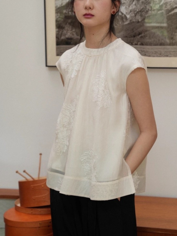 新しい中国風のシャツ、エレガントな刺繍、多用途のシャツ、ラウンドネック、涼しいノースリーブ、肉感をカバーし、痩身トップ A5097|undefined
