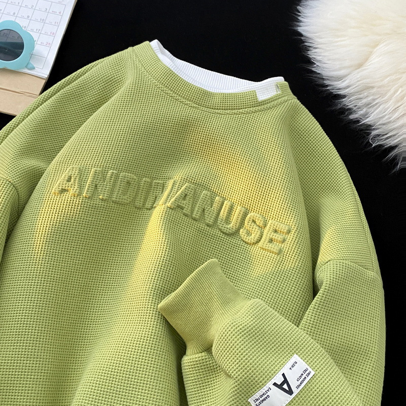 Heavyweight Avocado Green Men's Trendy Ins Waffle Hooded Crew Neck Fake Two-Piece Long-Sleeve Oversized T-Shirt