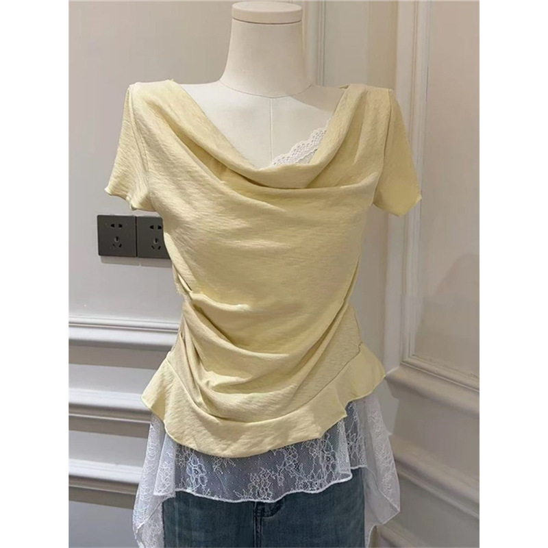 1*1 Korean-Style Simple Lace Splicing Swing Collar T-Shirt for Women, Popular Summer Irregular Hem Top