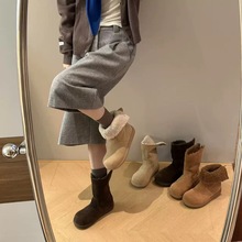 H5同款女鞋2025冬款头层牛皮芒果头韩版加绒两穿高帮棉靴雪地靴女