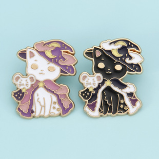 Cross-Border Cute Magic Cat Alloy Paint Brooch Black and White Cat Metal Badge Clothing Bag Accessories Wholesale