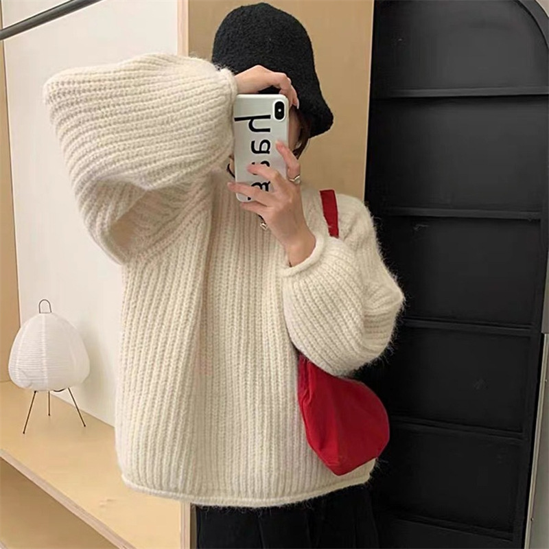 2025 Autumn and Winter New Pure Color Thick Line Japanese Style Retro Pullover Sweater Women's Lazy Style Candy Color Knitted Top