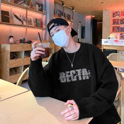 Men's Round Neck Knit Sweater, Japanese Retro Slouchy Style, Autumn/Winter Version, Trendy Brand Loose Hooded Top