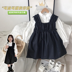 女童背帶連衣裙2023春裝新款法式赫本風黑色收腰抽褶公主裙代發