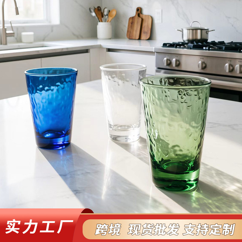 Japanese-style hammered flared original color glass cup for western restaurants, coffee, juice, colorful water cup, dishwasher-safe home use cup Japanese-style hammered flared original color glass cup for western restaurants, coffee, juice, colorful water cup, dishwasher-safe home use cup
