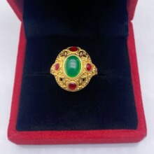 新品高档滴胶红石头男古法宫廷风如意珐琅彩沙金戒指不掉色情侣款