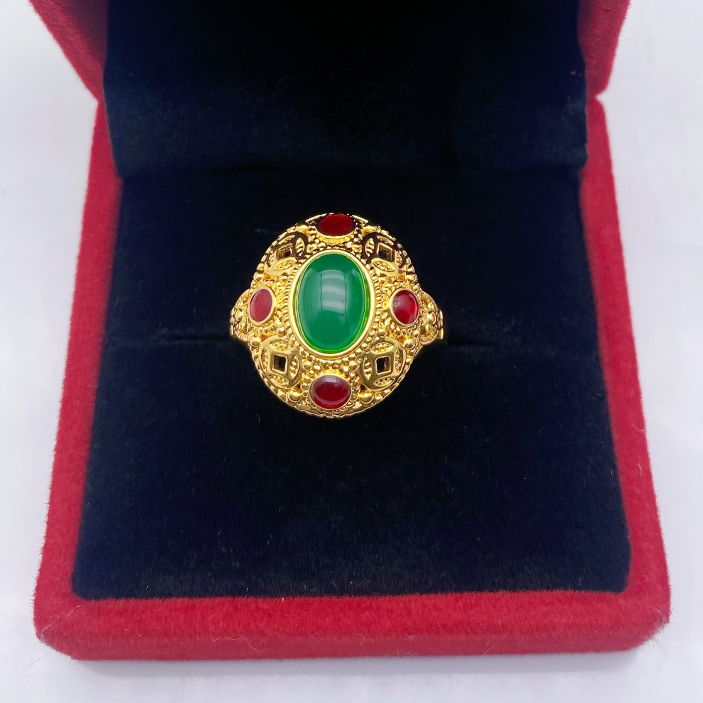 新品高档滴胶红石头男古法宫廷风如意珐琅彩沙金戒指不掉色情侣款