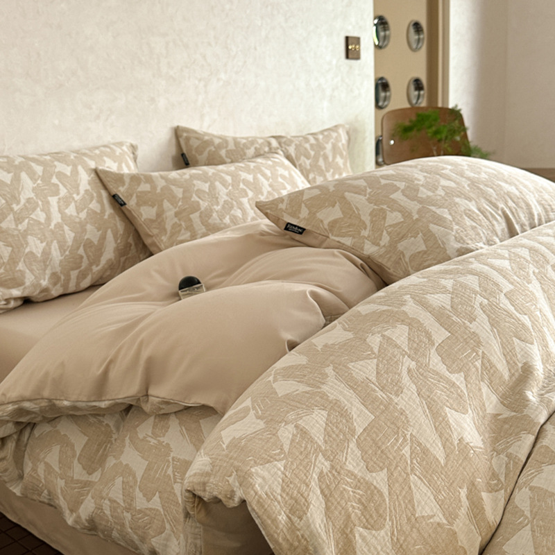 Cama de hilo de doble capa de cuatro piezas de algodón puro 100 funda de edredón de algodón grueso de tres piezas de sábanas de dormitorio 2025 nuevo 3