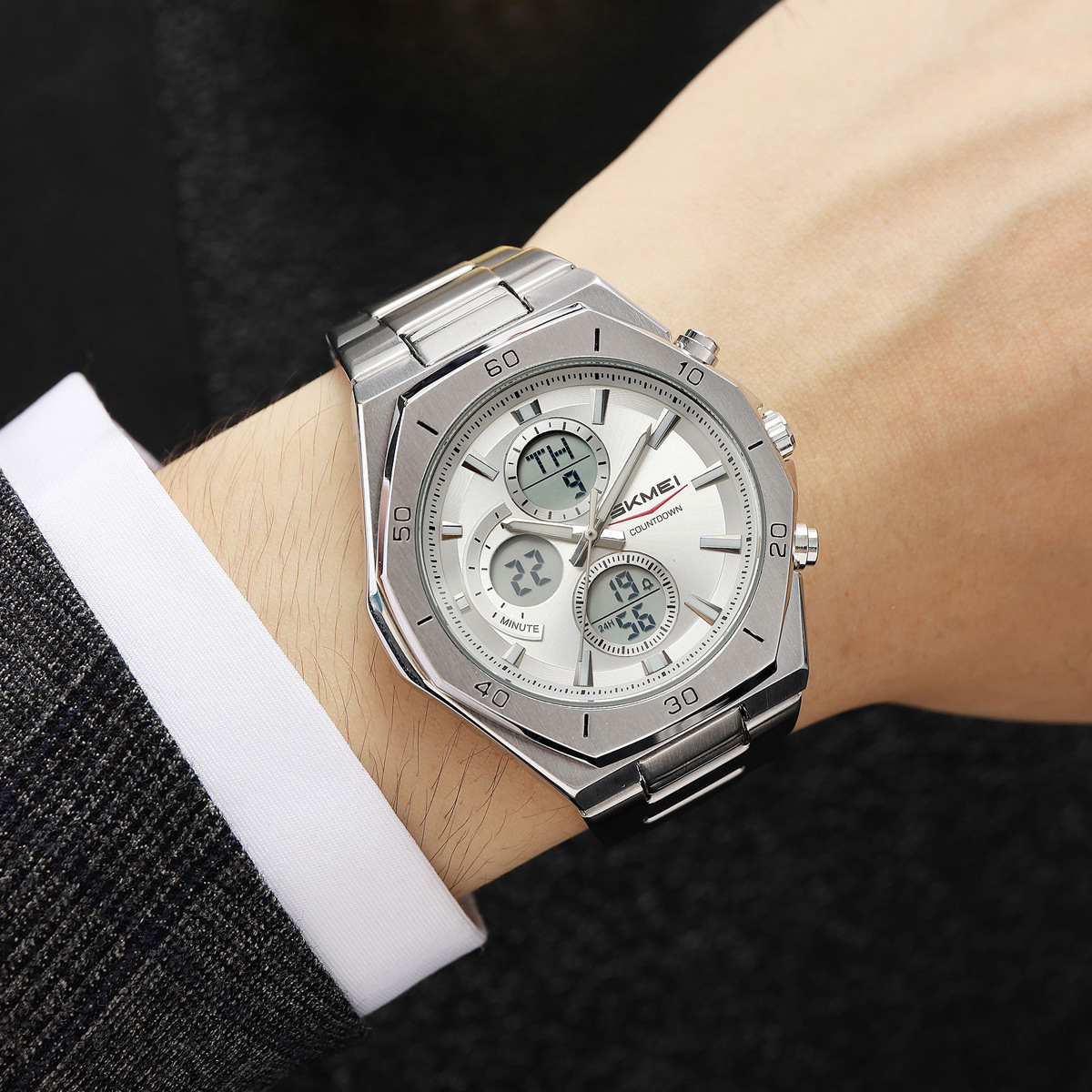 Reloj de acero para hombres de doble movimiento impermeable nocturna multifuncional cronógrafo mayorista transfronterizo spot