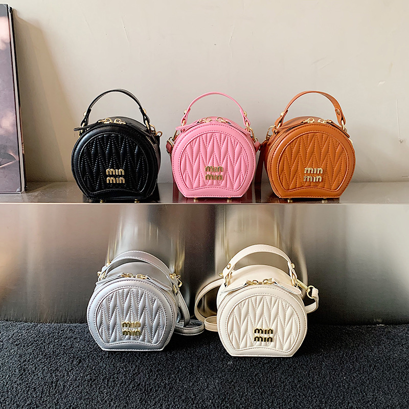 Pleated Small Round Bag with Letter Design, Fashionable and Versatile Mini Cross-Border Niche Shoulder and Crossbody Bag for Girls