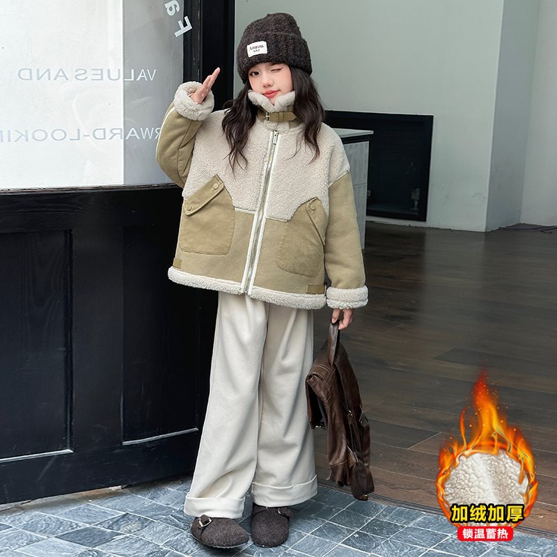 (2개) 소녀 양모 바느질 모직 스웨터 2024 가을 겨울 소녀 서양식 기모 두꺼운 모피 원피스 코트