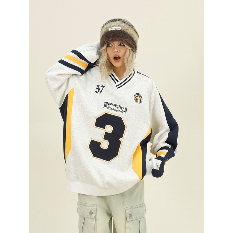 Cross-border Trendy Brand American-style Contrast Color Stitching V-neck Jersey Sweatshirt Men's and Women's hiphop Design Sense Niche Long-sleeved Top Cross-border Trendy Brand American-style Contrast Color Stitching V-neck Jersey Sweatshirt Men's and Women's hiphop Design Sense Niche Long-sleeved Top