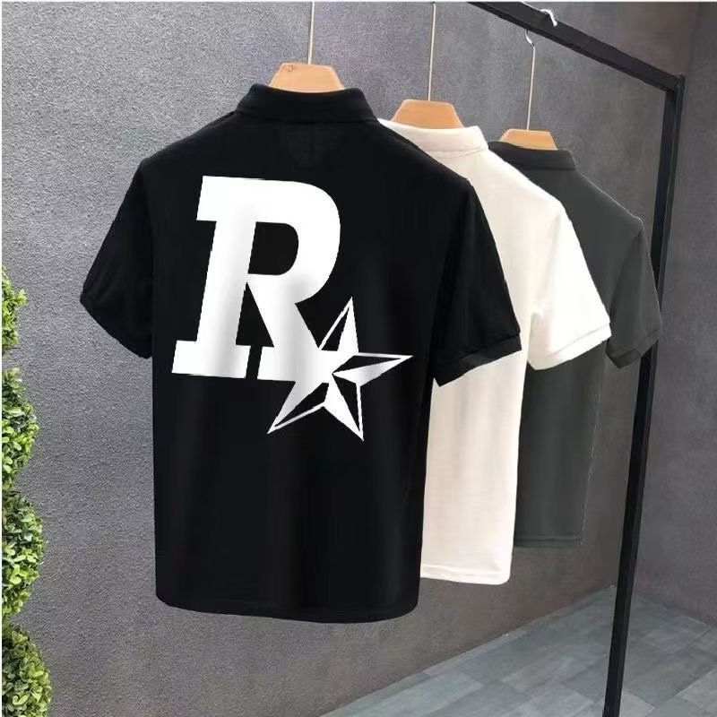 Verano 2023 camisa de Polo para hombre verano estampado de estrellas suelta estilo Hong Kong versátil estudiante casual cuello redondo camisa de manga corta blanco