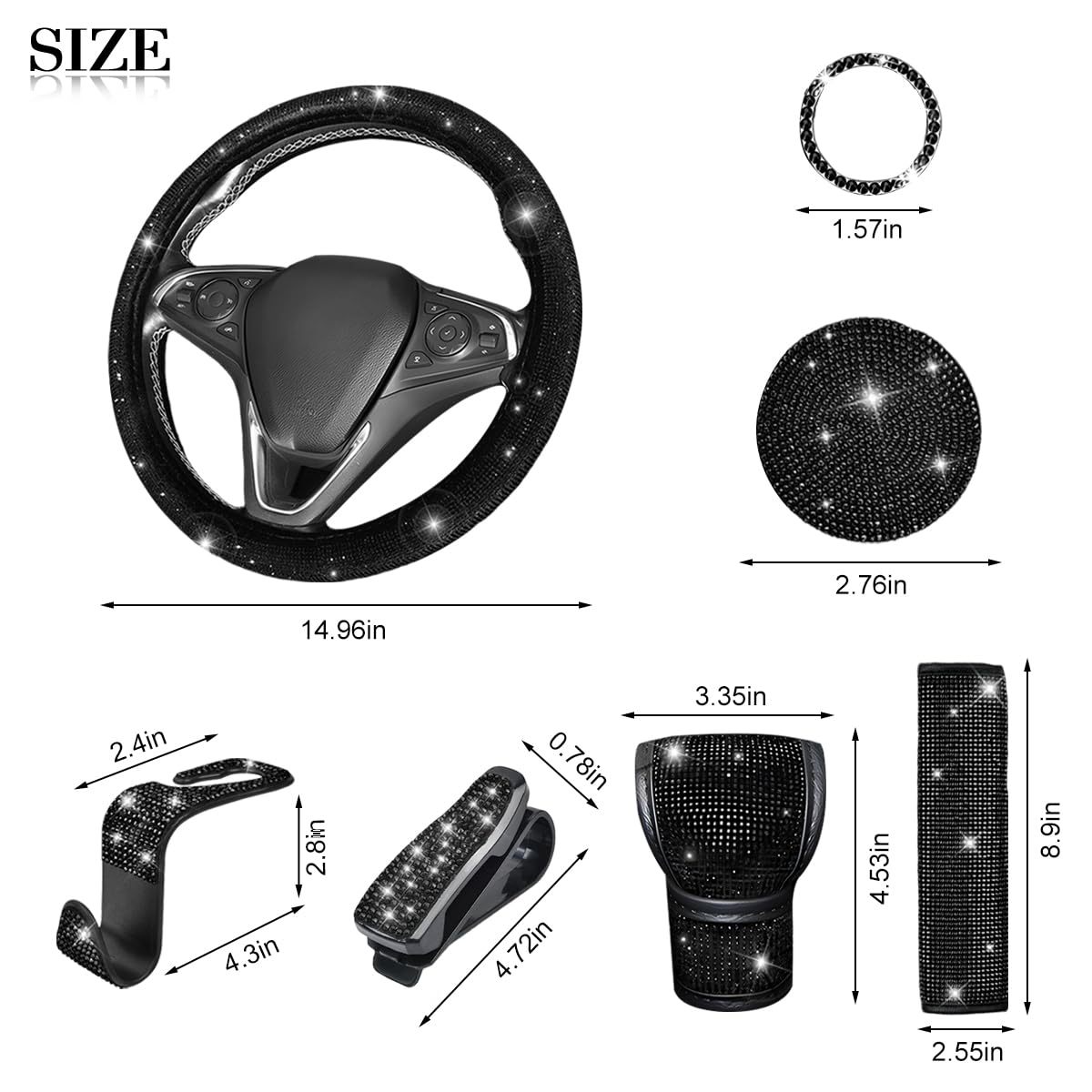 11-Piece Car Interior Set with Diamond-Encrusted Steering Wheel Cover, Car Hook, Glasses Holder, One-Touch Start Ring