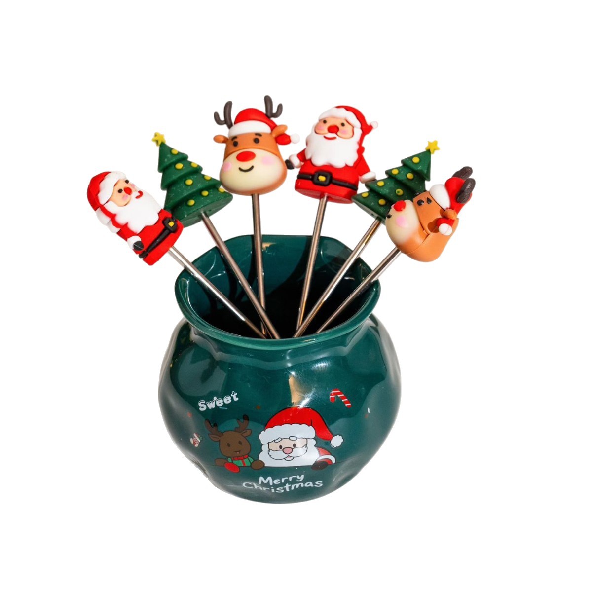 Bolsa de Navidad de cerámica contenedor de barril de acero inoxidable conjunto de horquilla de dibujos animados creativos horquilla de fruta de silicona etiqueta de postre