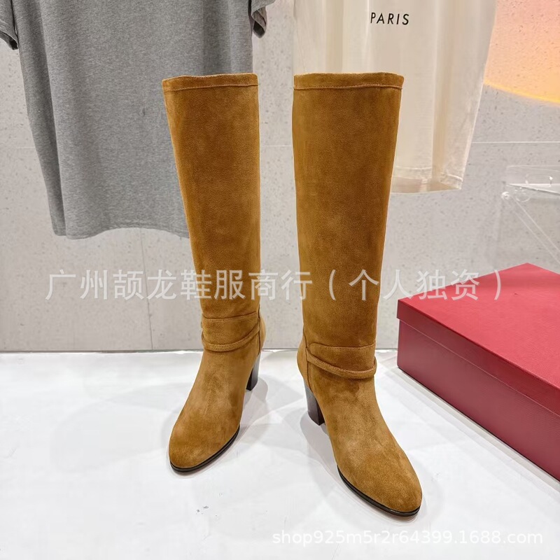 高端2025秋冬真皮圆头木纹粗跟高跟皮带扣侧拉链高筒骑士靴长靴女|undefined